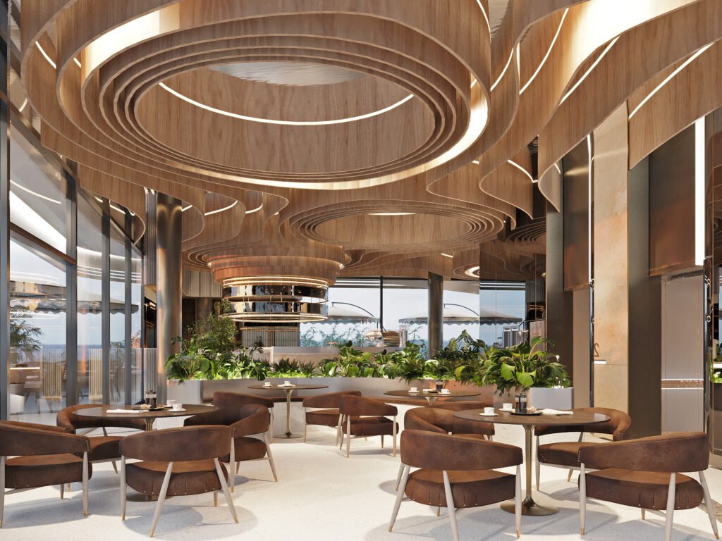 Luxury cafe interior design with sculptural ceiling, warm lighting and seating, high-end 3D rendering in Coimbatore, Tamil Nadu