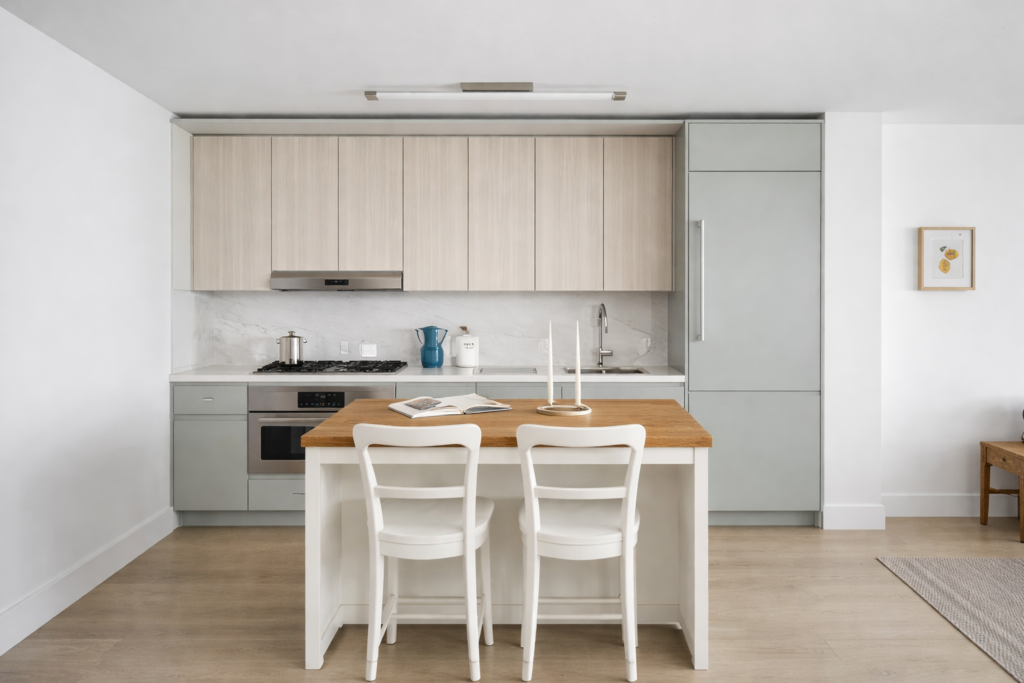 modern kitchen interior with modular cabinets, sleek countertop, and contemporary lighting design
