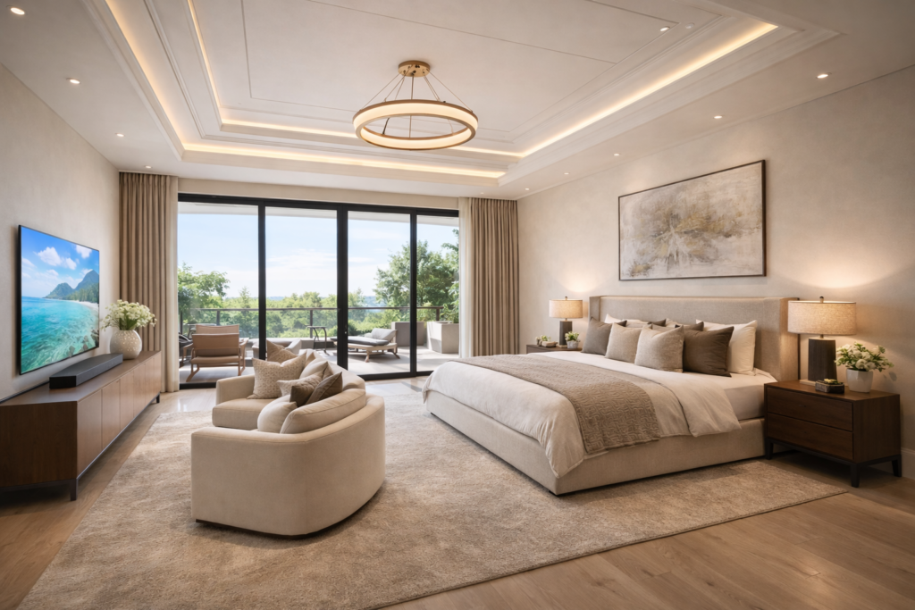 cozy bedroom interior with warm lighting, soft bedding, and modern furniture layout