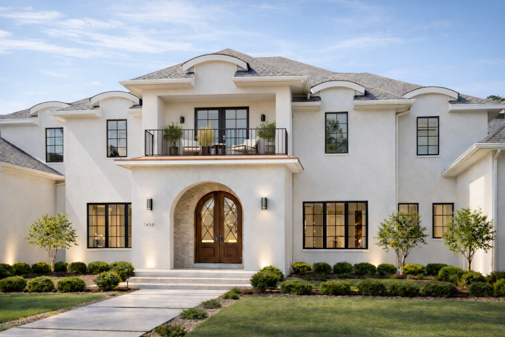 house exterior in gated community with paved road, greenery, and modern residential layout