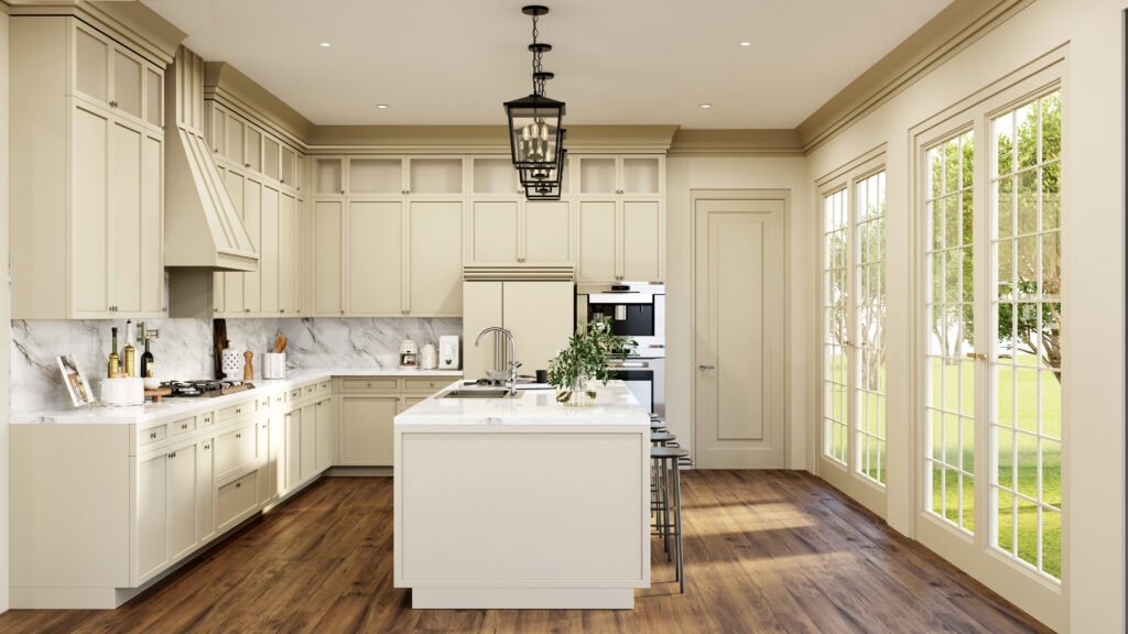 Elegant modern kitchen interior design with island, beige cabinetry, marble backsplash and natural light, 3D rendering in Coimbatore, Tamil Nadu