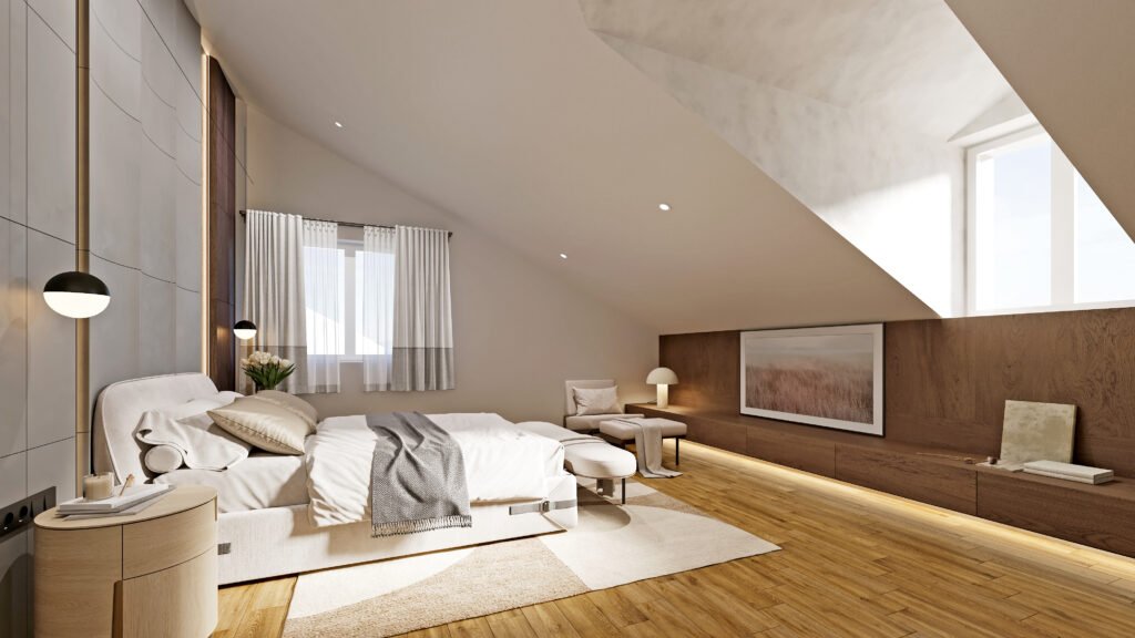 Modern bedroom interior design with warm wood paneling, sloped ceiling and soft daylight, realistic 3D rendering in Coimbatore, Tamil Nadu