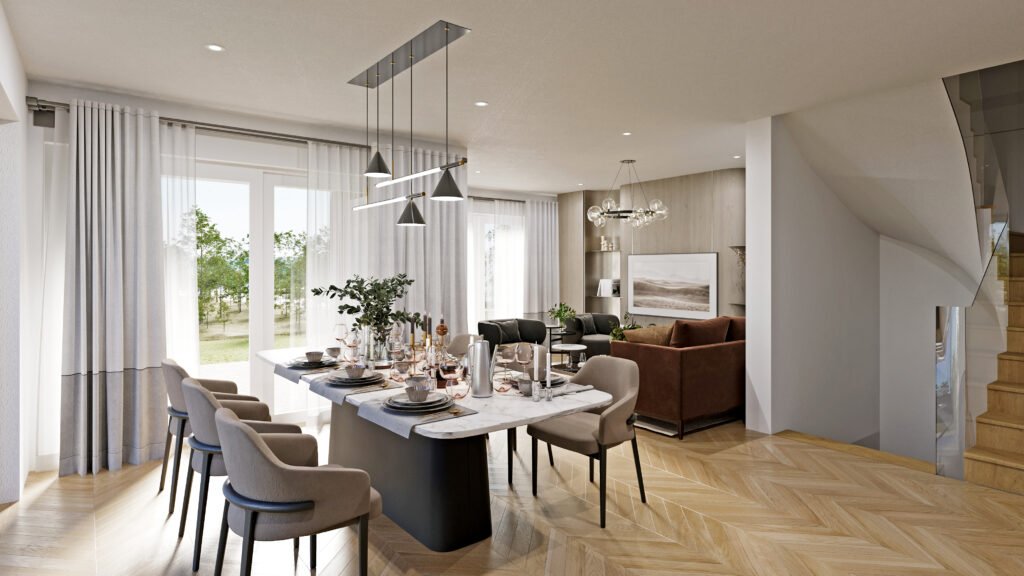 Modern dining and living room interior with marble table, soft lighting and large windows, 3D rendering in Coimbatore, Tamil Nadu