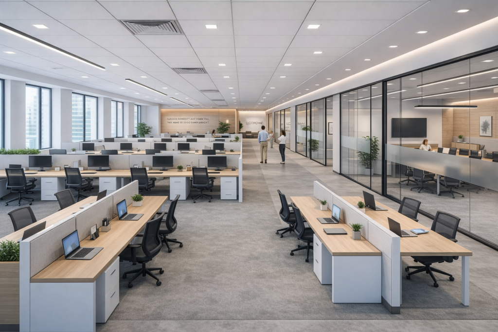 Modern office space design with open workstations, collaborative areas, ergonomic seating, and contemporary commercial interior layout