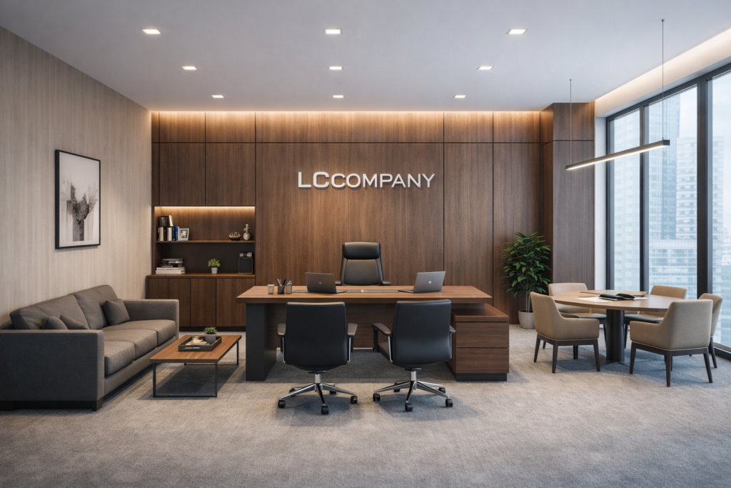 Modern manager room floor plan with executive desk layout, seating arrangement, storage units, and professional office design