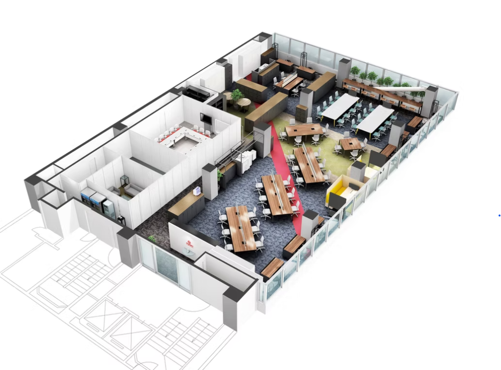 3D interior floor plan showing modern home layout with furnished living room, bedroom, kitchen, and bathroom in realistic architectural visualization