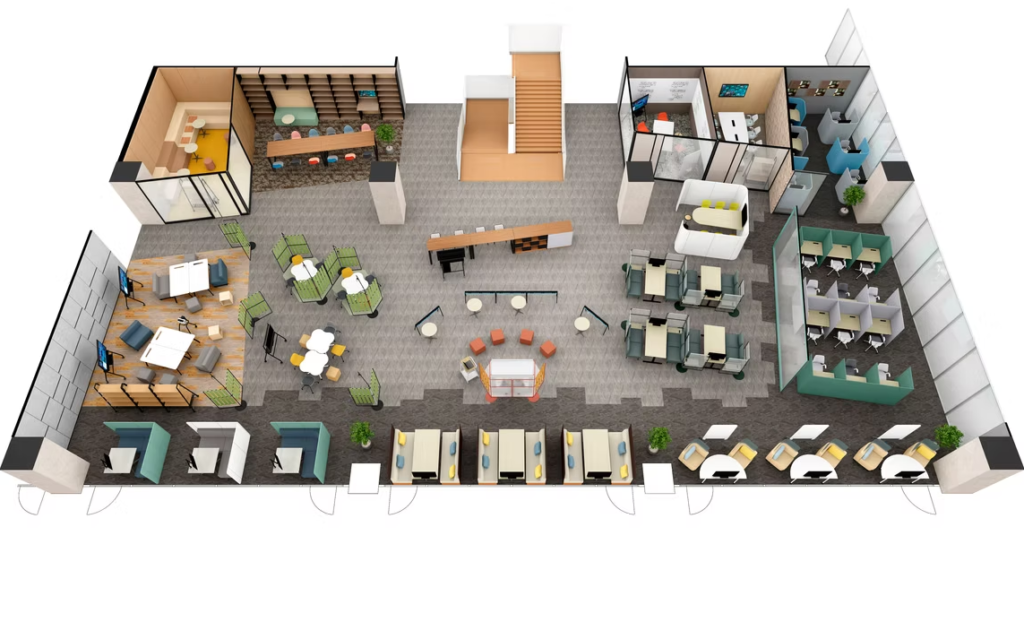 3D floor plan visualization of modern house interior with living room, bedroom, kitchen, and bathroom layout