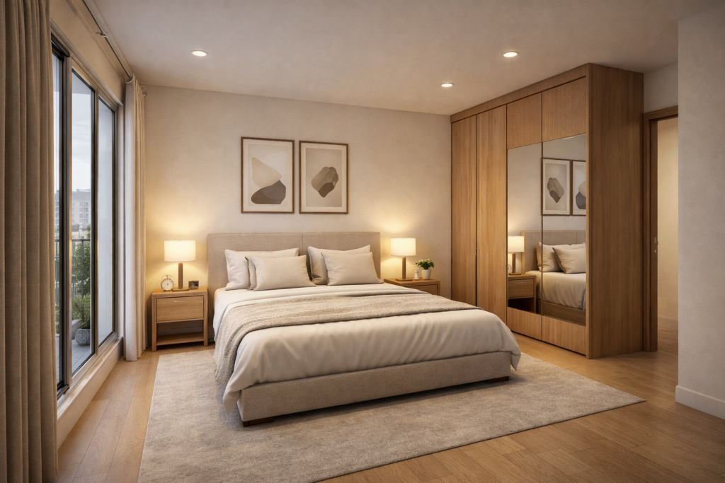modern bedroom interior with elegant bed design, ambient lighting, and stylish wall decor