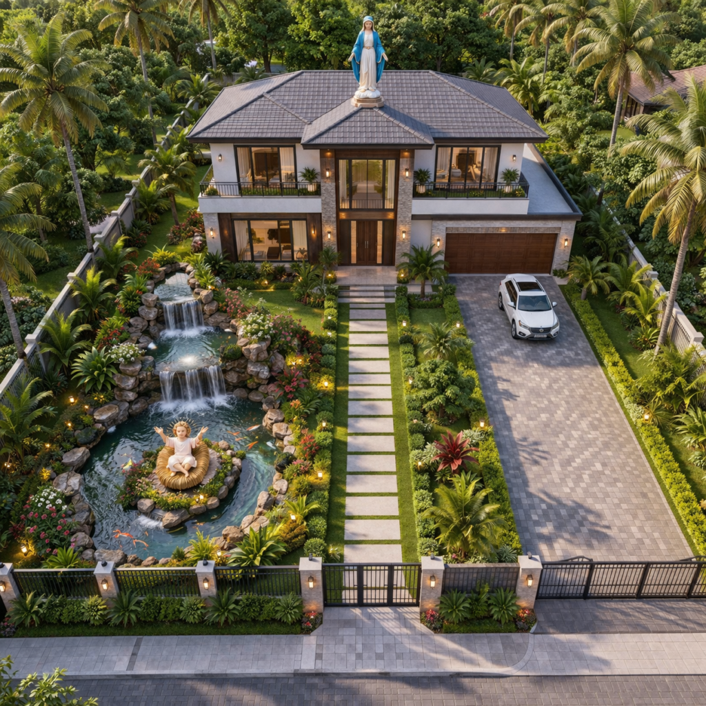 christian house exterior with cross symbol, elegant facade, pitched roof, and peaceful residential design