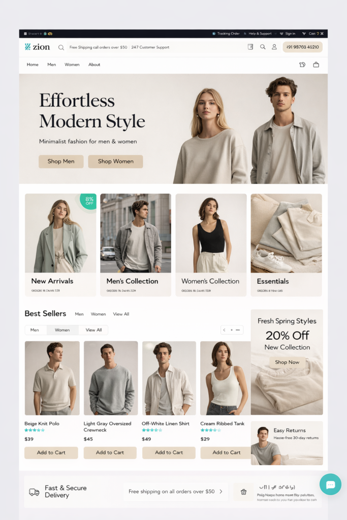Ecommerce website design showcasing modern online store layout with product listings and UI