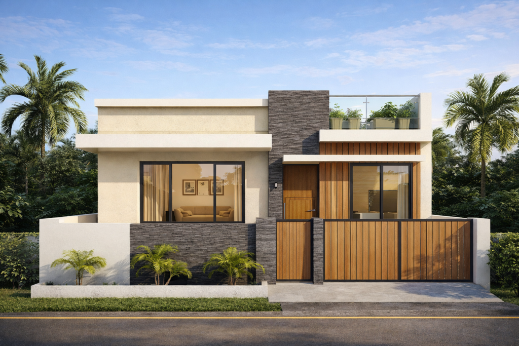 modern house exterior with clean architecture, large windows, and landscaped front view