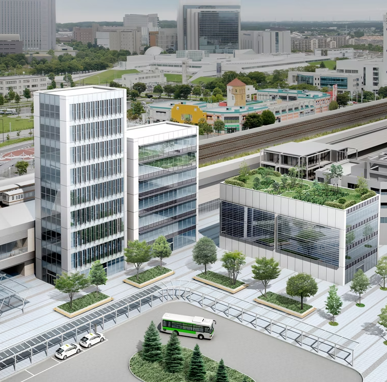 Premium commercial exterior with multi-level structure, modern facade, glass entrance, and textured architectural finish