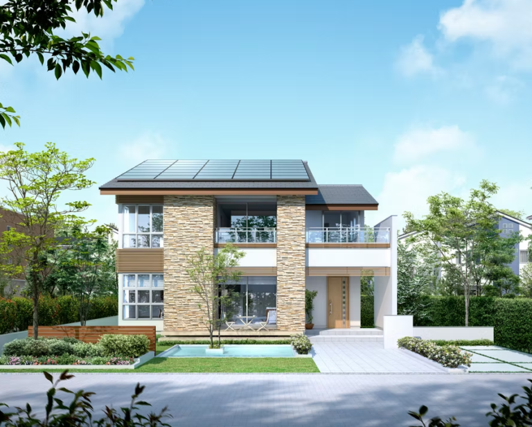 house exterior night view visualization with warm lighting, illuminated facade, and modern design