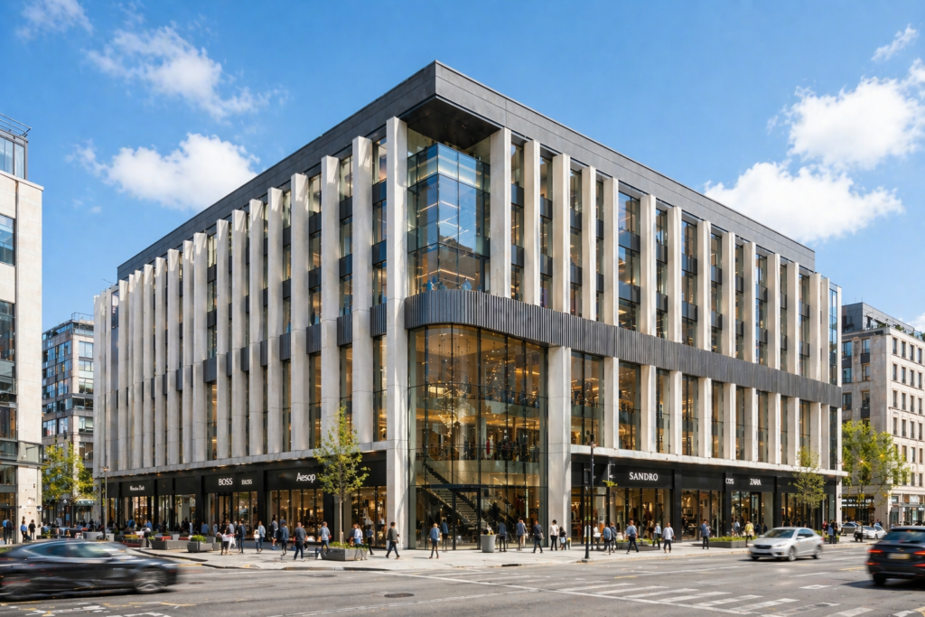 Modern commercial building with glass façade, retail stores and street activity, created using 3D rendering and architectural visualization in India