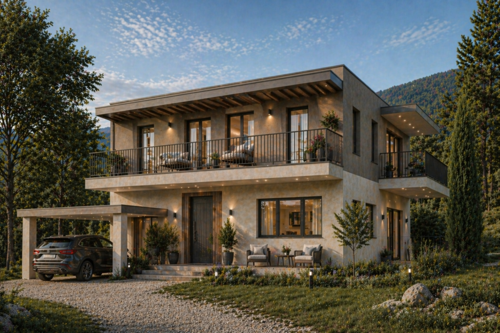 Ultra-realistic modern countryside house with balcony seating, shaded pergola, dual-tone plaster façade, set in natural mountain landscape.