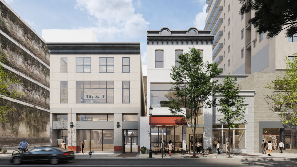 Modern urban street with mixed-use buildings and storefronts, photorealistic architectural visualization and 3D rendering by OZO DreamFX, Coimbatore