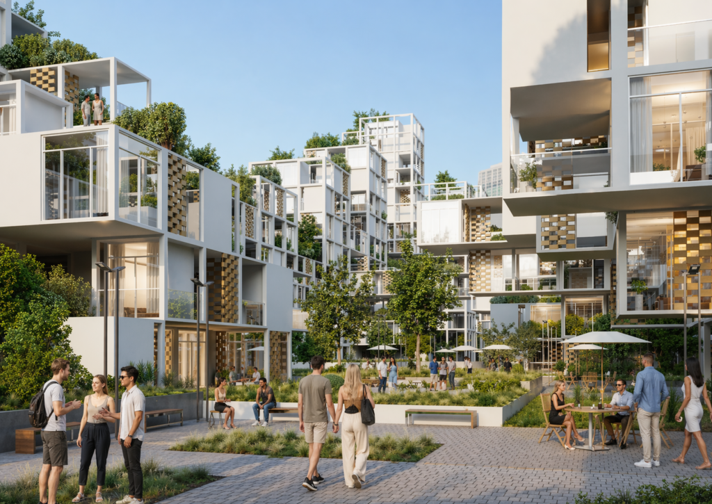 Modern residential courtyard with white modular buildings, greenery, and people socializing, showcasing high-end architectural visualization in Coimbatore