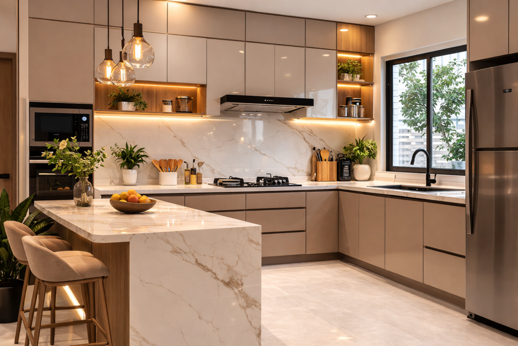 contemporary kitchen interior with island counter, modular cabinets, pendant lighting, and modern layo