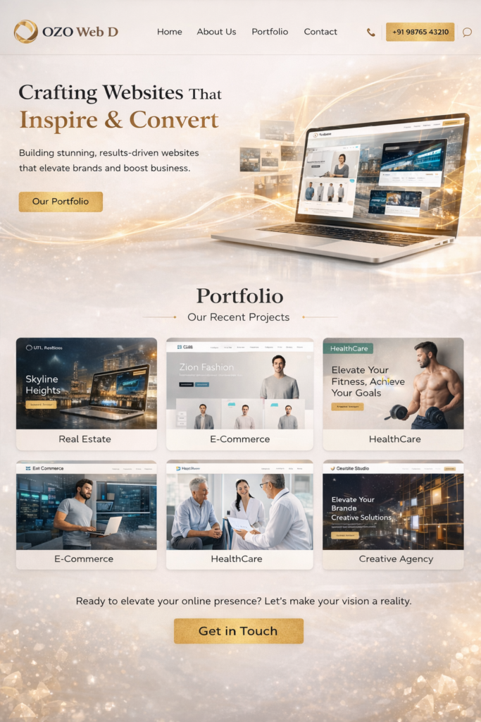 Web design portfolio showcasing modern website projects including ecommerce, real estate, and business websites