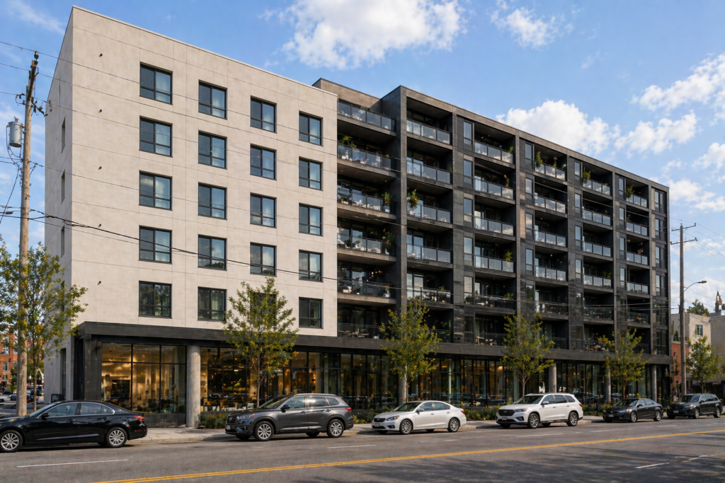 Modern apartment building exterior with glass balconies and street-level retail, visualized using 3D rendering for real estate projects in India