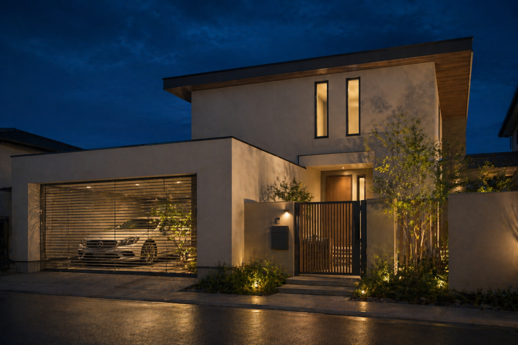 Modern luxury house exterior at night with warm lighting, garage and landscaping, created using 3D rendering and architectural visualization in India