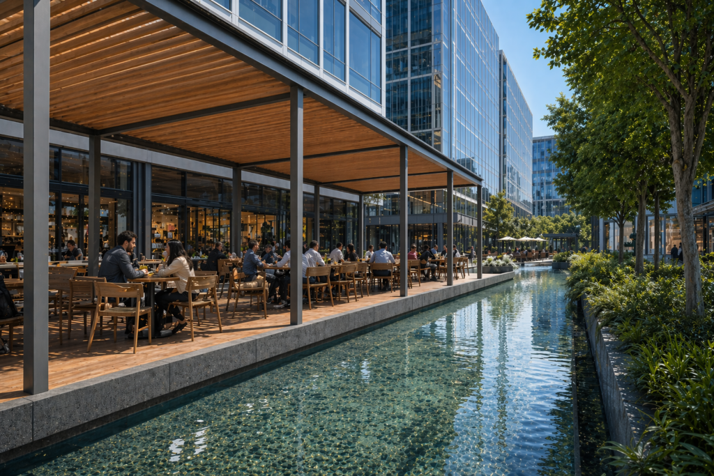 luxury Office Cafe exterior visualization with elegant facade, garden, and premium architectural details