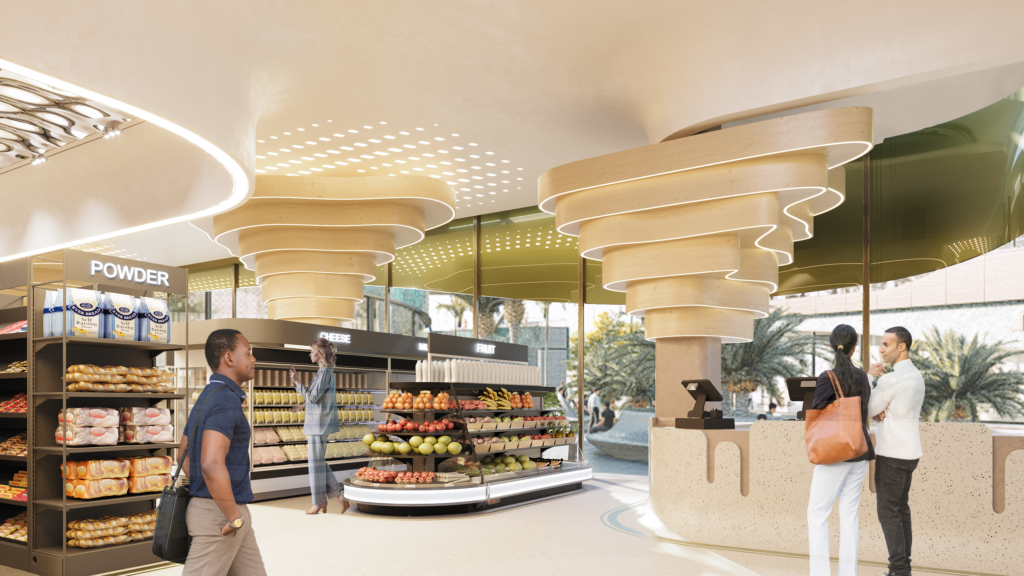 Modern supermarket interior with sculptural ceiling, fresh produce displays and ambient lighting, 3D rendering in Coimbatore, Tamil Nadu