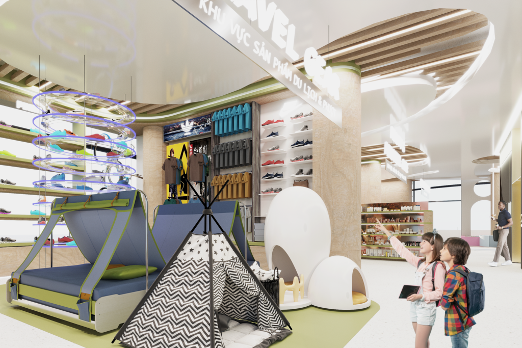 Creative kids retail store interior with play zone, colorful displays and lighting, 3D rendering in Coimbatore, Tamil Nadu