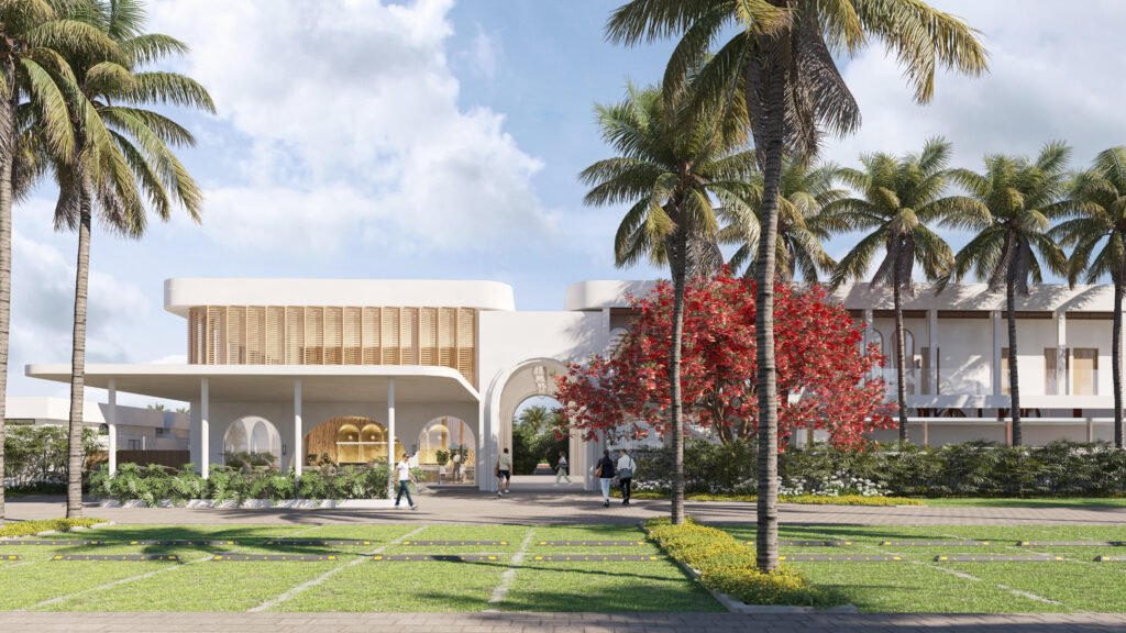 Luxury resort entrance with tropical landscaping and modern facade, architectural visualization 3D rendering in Coimbatore, Tamil Nadu