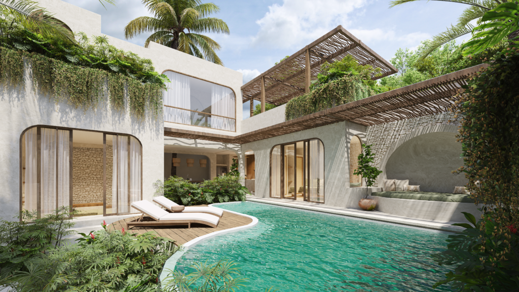 Luxury tropical villa with pool courtyard, greenery and modern design, architectural visualization 3D rendering in Coimbatore, Tamil Nadu