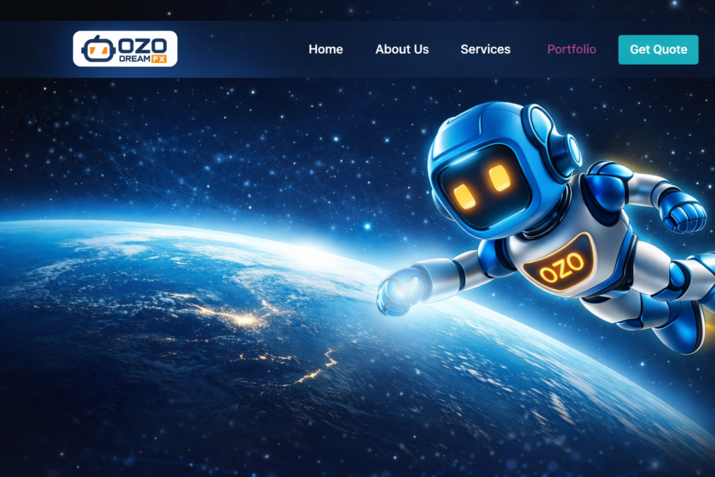 3D robot mascot representing web design and digital development by OZO DreamFX
