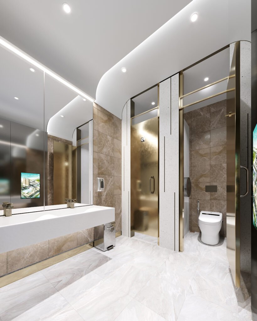 Luxury restroom interior with marble walls, gold partitions and modern fixtures, realistic 3D rendering in Coimbatore, Tamil Nadu