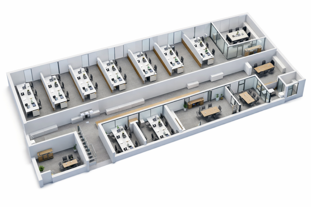 Commercial house floor plan layout showing room divisions, furniture placement, and architectural dimensions in a 2D top view