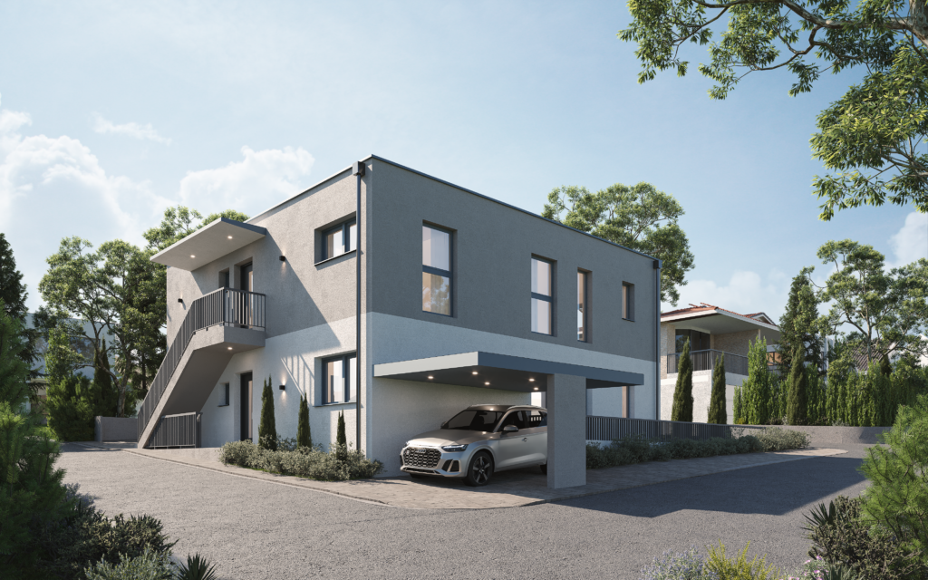Modern minimalist house exterior with car porch and balcony, realistic 3D rendering and architectural visualization in Coimbatore, Tamil Nadu
