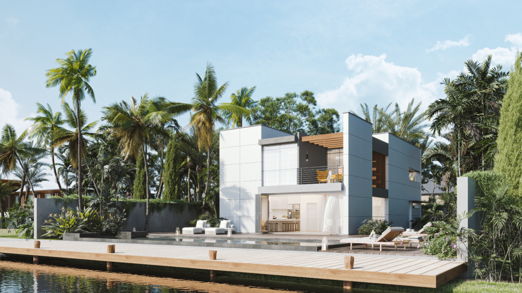 Modern luxury villa with pool and tropical landscape, high-quality architectural visualization and 3D rendering in Coimbatore, Tamil Nadu