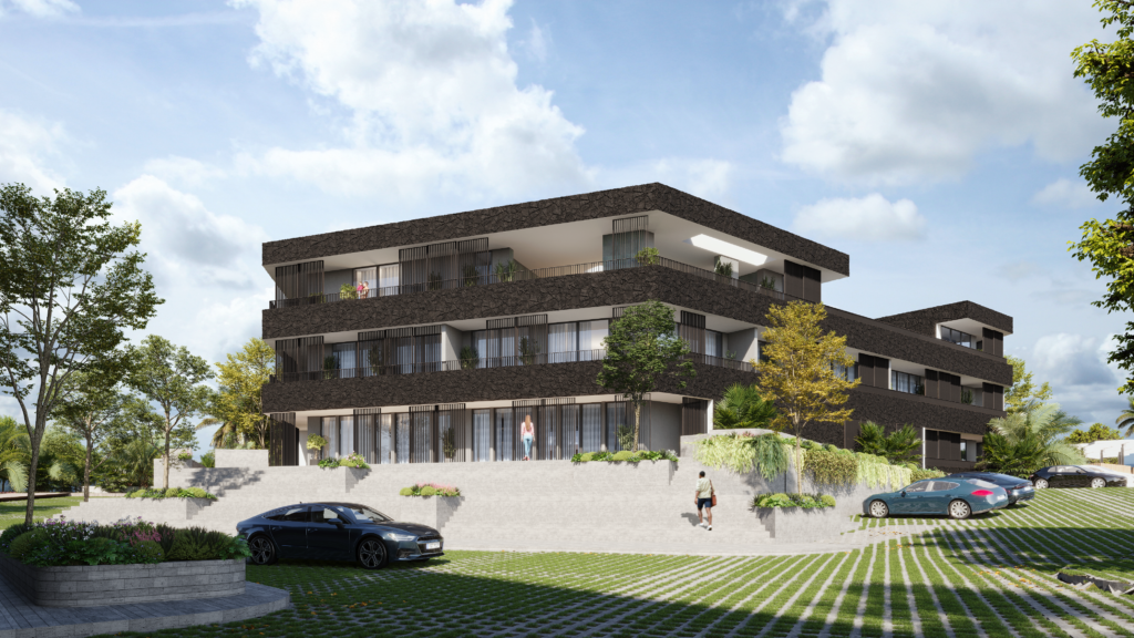 Modern luxury apartment exterior with layered balconies and landscaping, architectural visualization 3D rendering in Coimbatore, Tamil Nadu