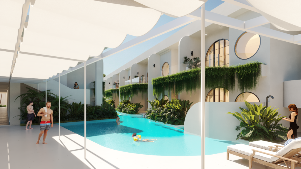 Modern resort pool courtyard with tropical landscaping and white architecture, architectural visualization 3D rendering in Coimbatore