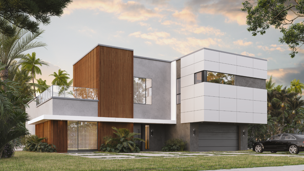 Modern luxury villa exterior with wood cladding, large glass windows and tropical landscaping, created using 3D rendering and architectural visualization in India