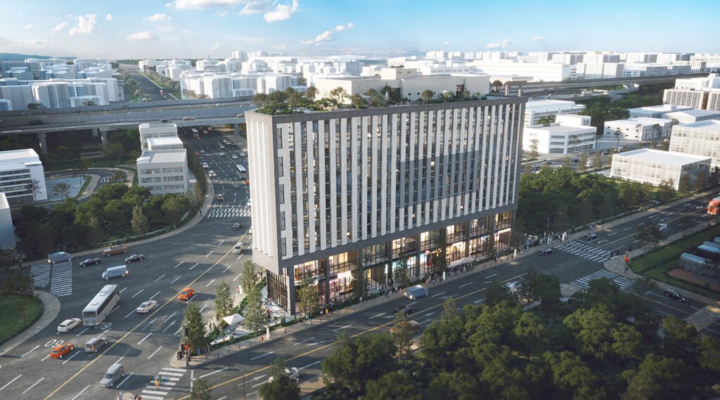 Modern commercial building and urban cityscape in Daegu with surrounding roads, traffic, trees, and elevated highway