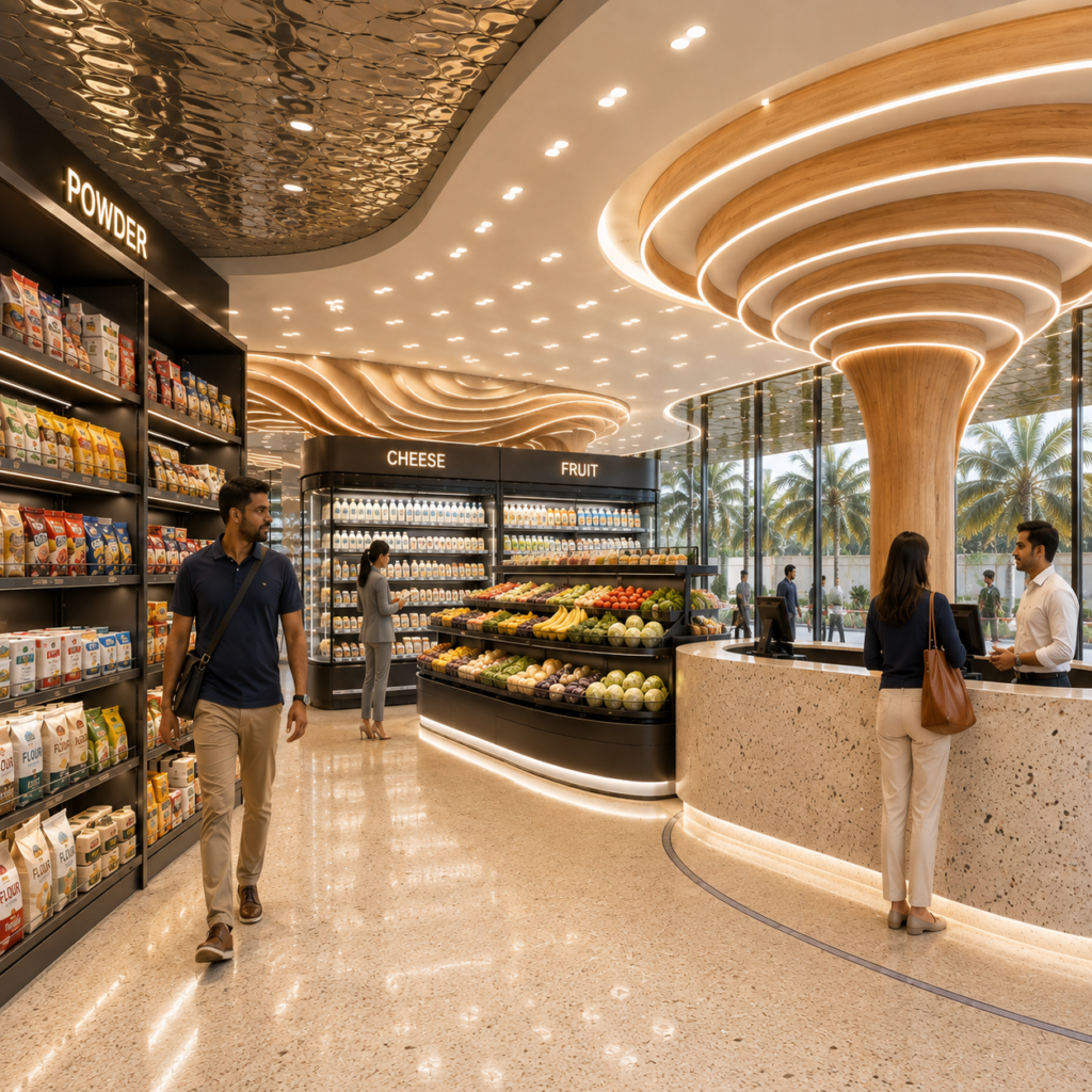 Modern premium supermarket interior with sculptural wood ceilings, fresh produce displays, grocery shelves, curved checkout counter, and shoppers.