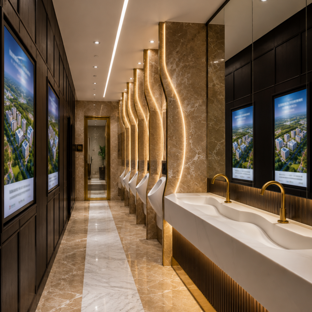 Luxury restroom interior with marble walls, gold partitions and modern fixtures, realistic 3D rendering in Coimbatore, Tamil Nadu