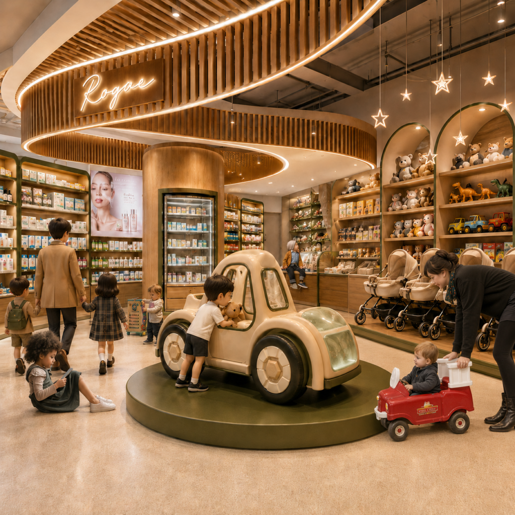 Modern pharmacy and kids retail store with wooden ceiling, toy car display, baby strollers, pharmacy shelves, and family shoppers.