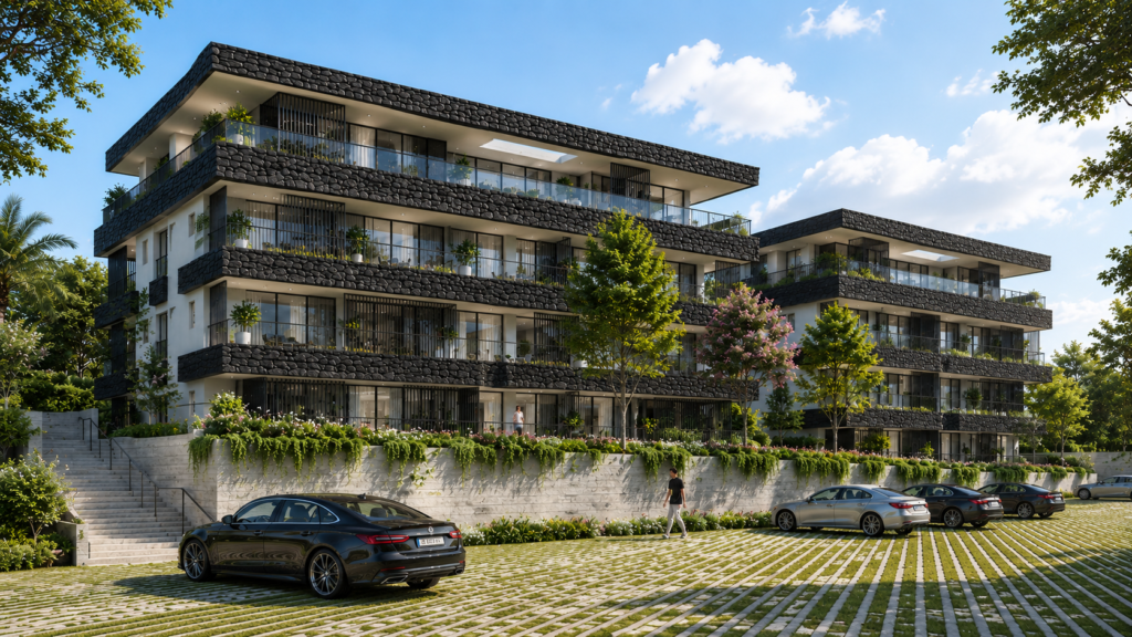 Modern luxury apartment exterior with layered balconies and landscaping, architectural visualization 3D rendering in Coimbatore, Tamil Nadu