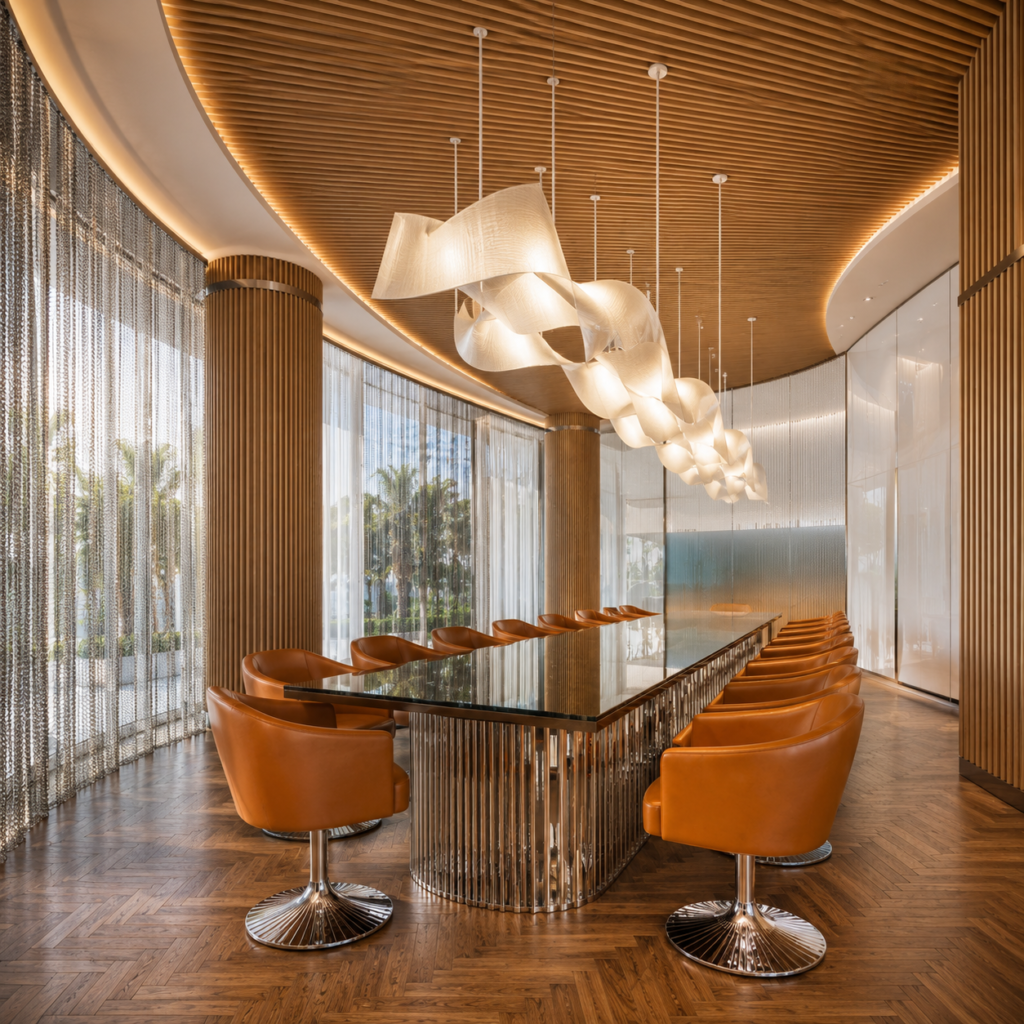 Luxury VIP dining room with a long glass table, cognac leather chairs, curved wood-slat ceiling, sculptural white pendant light, chrome accents, and herringbone wood flooring.