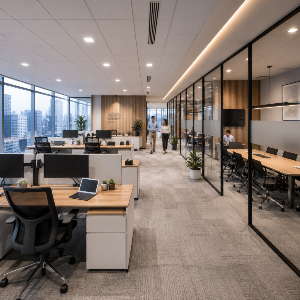 Modern office space design with open workstations, collaborative areas, ergonomic seating, and contemporary commercial interior layout