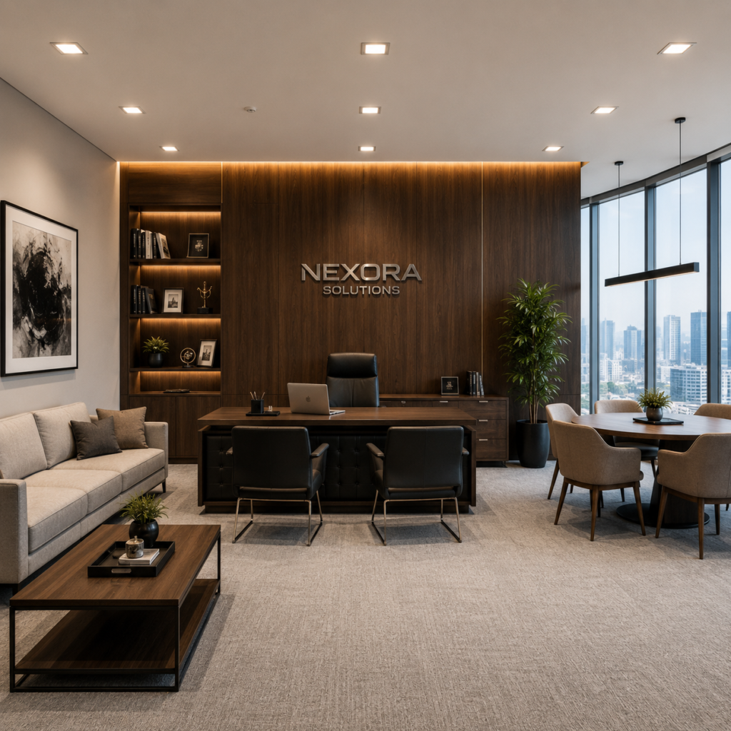Modern manager room floor plan with executive desk layout, seating arrangement, storage units, and professional office design