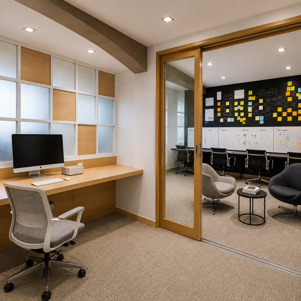 Modern small office with a minimalist wood workstation, frosted glass wall, sliding glass meeting-room door, brainstorming boards, lounge chairs, and neutral carpet flooring.