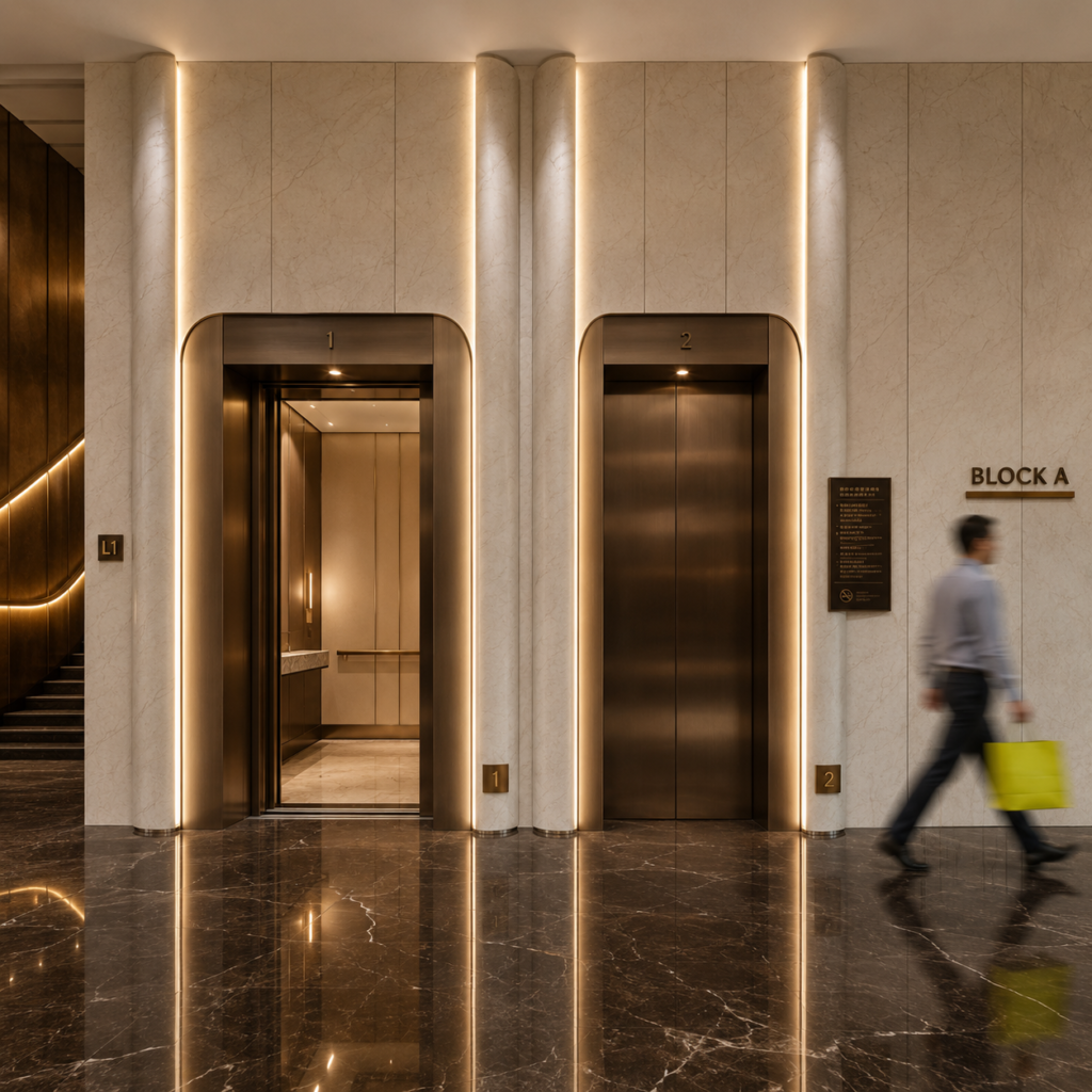 Luxury elevator lobby with cream marble walls, warm LED lighting, bronze elevator doors, reflective dark flooring, and a motion-blurred man carrying a yellow shopping bag.