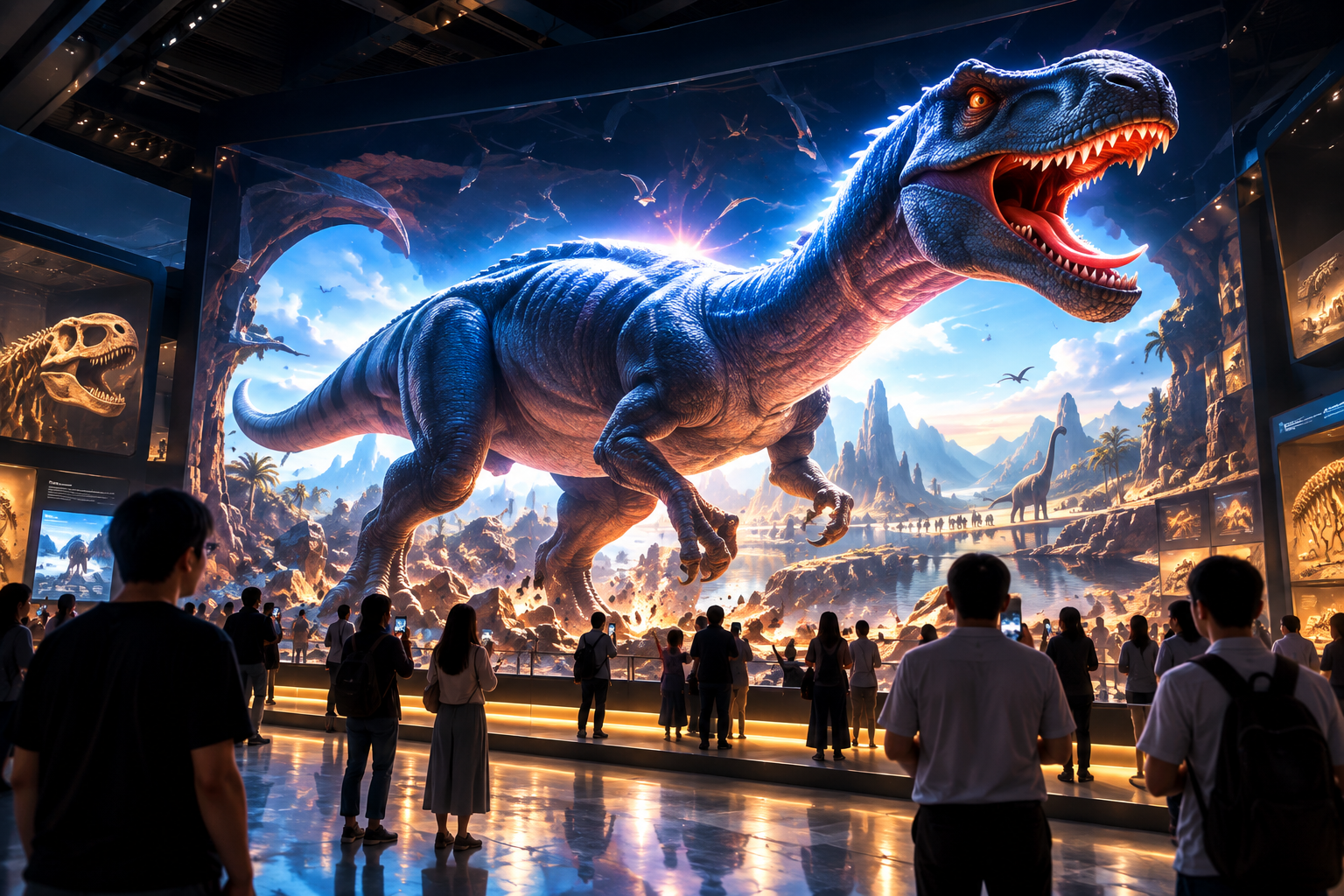 Anamorphic 3D dinosaur breaking out of a large LED display