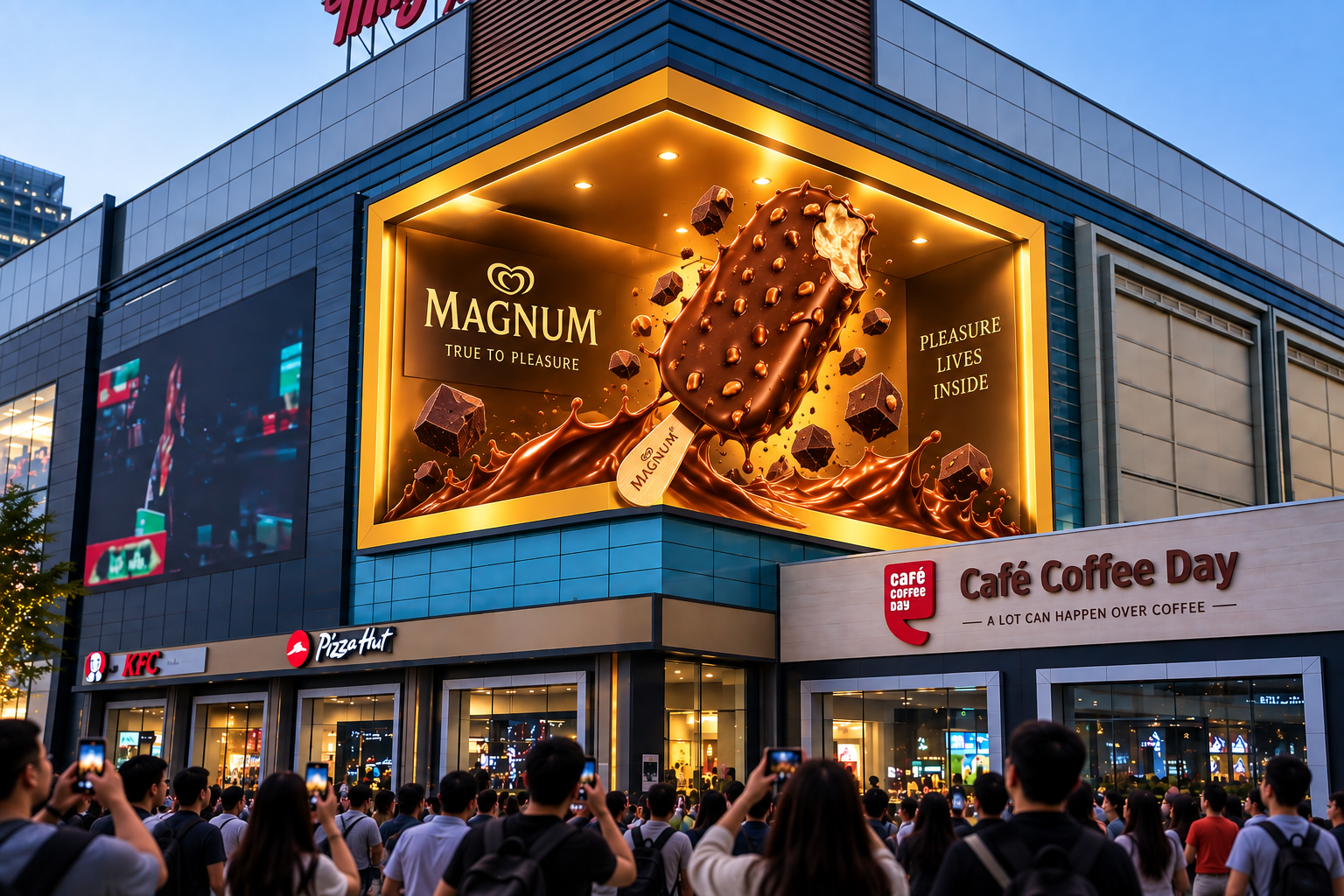 Anamorphic 3D ice cream bar emerging from an LED display